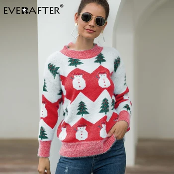 EVERAFTER O-gât pulover de Crăciun femei pom de Crăciun om de zăpadă maneca lunga print clasic, tricotaje, pulovere streetwear doamnelor iarna
