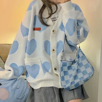 Deeptown Kawaii Stil coreean Inima Imprimare Pulover Albastru Cardigan Femei Drăguț Harajuku Preppy Moda V-neck Jumper de sex Feminin Topuri