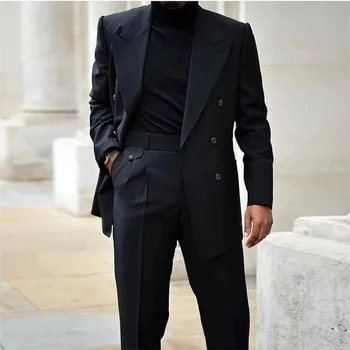 Negru Bărbați Costume Atins Sacou Rever Cu Pantaloni Nunta Mire Smoching Formale De Afaceri Personalizat Costum Homme Masculino
