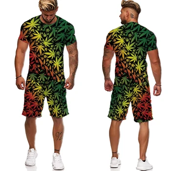 Europa, America de Sport 3D Planta Otravitoare Iarba Tipărite pentru Bărbați T-shirt+Shors 2 Bucata Set Trening Maneca Scurta, Costume Pentru Bărbați