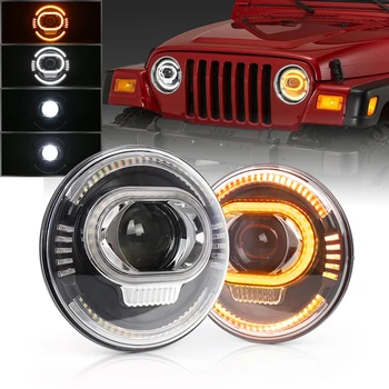 7 Inch, Faruri cu LED-uri cu Hi/Lo Fascicul Alb DRL Amber Semnalizare Compatibil cu Jeep-Wrangler JK TJ CJ LJ Hummer H1 H2