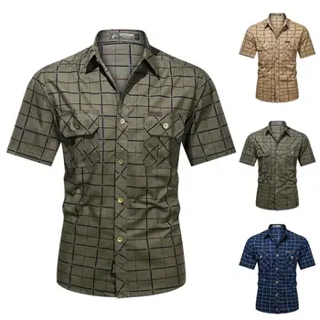 Moda Barbati Camasa Carouri cu Maneci Scurte Militar, Tricouri din Bumbac 100% de Inalta Calitate Business Casual Rever Camasa Barbati camisa masculina