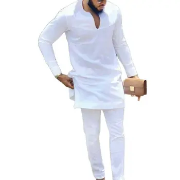 Moda v-neck shirt patch pantaloni alb solid pant seturi de senator stil masculin mire costume plus dimensiune uzura de partid haine Africane