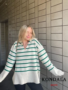 KONDALA 2022 Vintage Verde cu Dungi Tricotate Supradimensionate, Pulovere Lungi Femei V-Gât Liber Casual Pulovere Femei Elegante, Topuri