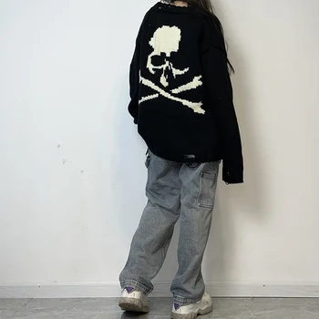 Gaură Neagră Craniu Maneca Lunga Femei Pulover Supradimensionat Leneș Casual Fund Desene Animate Liber Spălat Japoneză Amekaji Pulover
