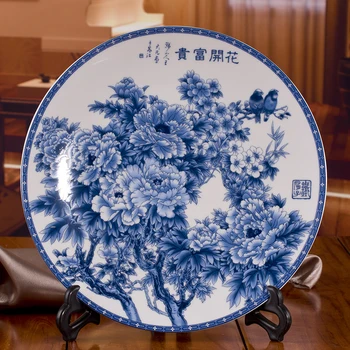 Jingdezhen Ceramică Albastră și Bujor Alb Portelan Farfurie Decor Tibetan