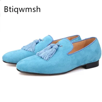 Lumina Albastru Piele De Căprioară Pantofi Pentru Bărbați Subliniat Toe Violet Portocaliu Galben Ciucure Alunecare Pe Pantofi Plat Om De Moda Pantofi De Partid