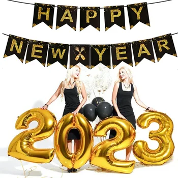 Strălucitoare 2023 An Nou Fericit Banner Aur Negru Ghirlanda An Nou Fericit Scrisoare Baloane Folie Pentru Acasă De Crăciun Petrecere De Anul Nou Decor