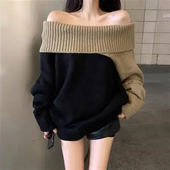 Blând purta în toamnă, noua moda pentru femei in toamna anului 2021, stil coreean unul-umăr design de cusut pulover vrac