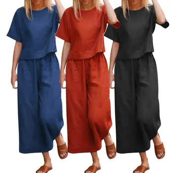 Femei Lenjerie de pat din Bumbac Costum de Moda Confortabil Maneci Scurte Si Pantaloni Lungi Casual Culoare Solidă Vrac supradimensionate Vara Seturi Rochie Sus