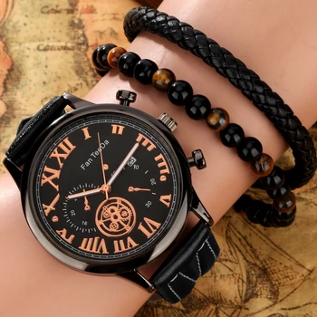 Ceas din piele pentru Barbati Orignal Cadouri pentru Iubit de Moda Roman Numeral Dial Cuarț Ceasuri de mana si Bratara Set Reloj Hombre