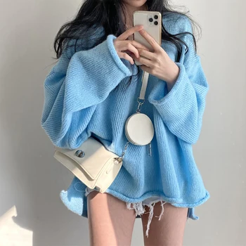 Imbracaminte pentru femei Vintage Albastru Tricotat Pulover V Neck Sertizare Mâneci Lungi Casual Moda coreeană Largi Doamnelor Topuri Toamna