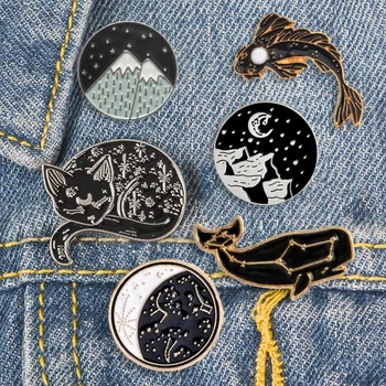 Vis Constelația balena Luna cat Koi email pin Frumos munte de zăpadă, insigna brosa tricou sac de ace de Rever Animale de bijuterii cadou