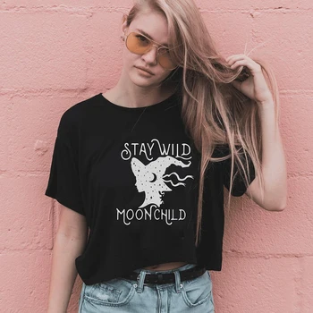 Stai Wild Moon Child Witch T-shirt Estetice Vrăjitoare Graphic Tee Top pentru Femei Vintage Maneca Scurta Boho-Hippie Tricou