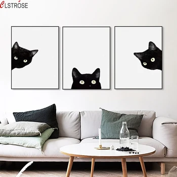 Desene animate Pisicile Negre Cap Canvas Tablou Modern Minimalist în Alb și Negru Poster Kawaii Animale Arta de Perete Poza Decor Acasă