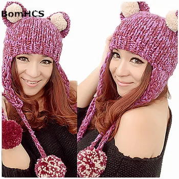 BomHCS Urechi de Pisică Drăguț Amuzant Căciulă Moale cu Pompoms Femei Cald Iarna Handmade Tricotate Pălărie Capac