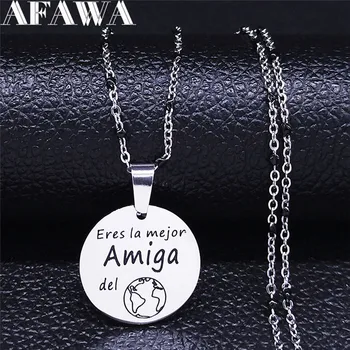 Spaniolă Amiga din Oțel Inoxidabil Femei de Culoare Argintiu Rotund Colier de Lanț de cel Mai bun Prieten Cadou Bijuterii collares de steel inoxida N3707